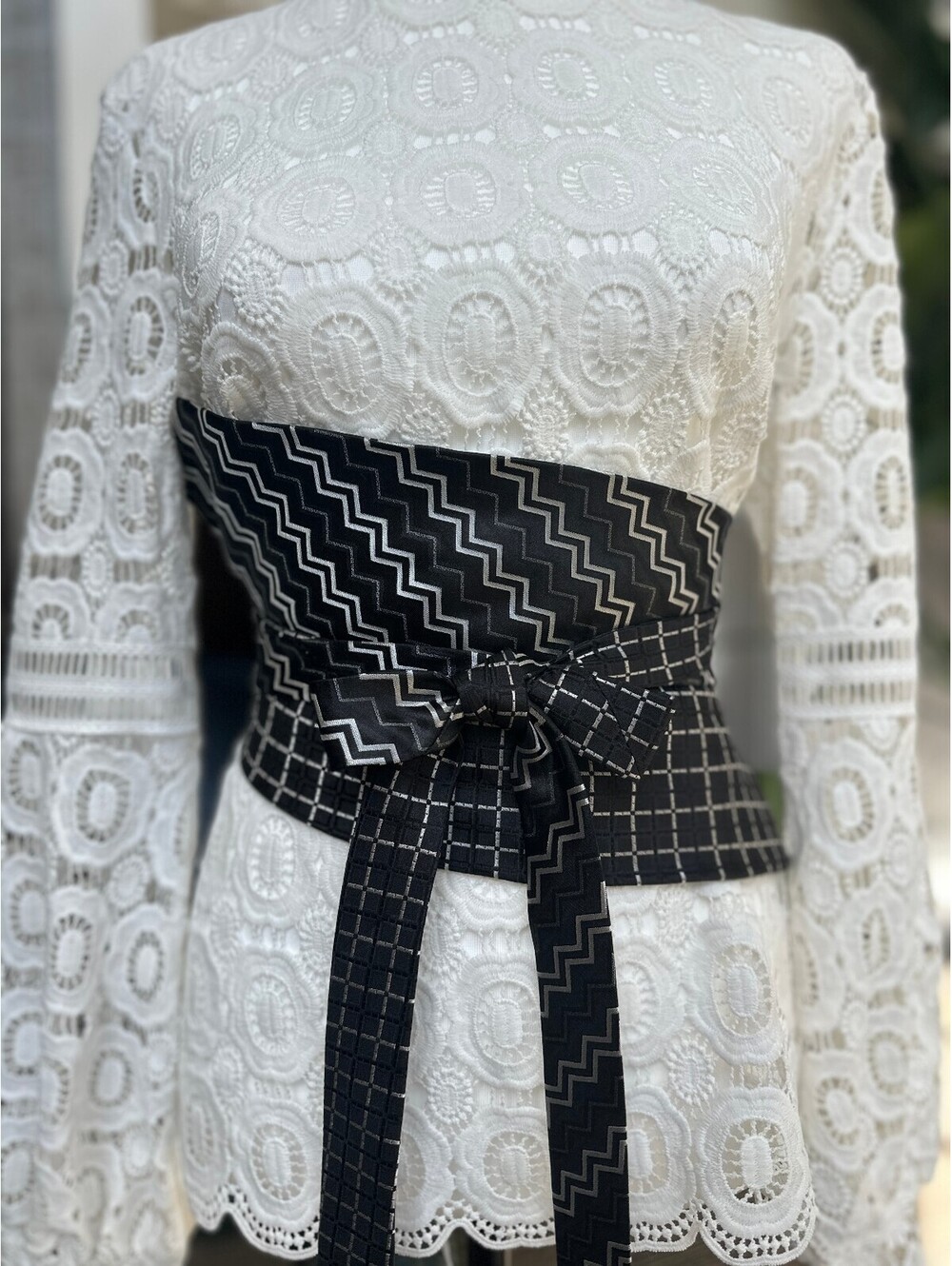 Upcycled Black ZigZag & Grid Silk Corset Style Obi Tie Waist Belt | OOAK | OS